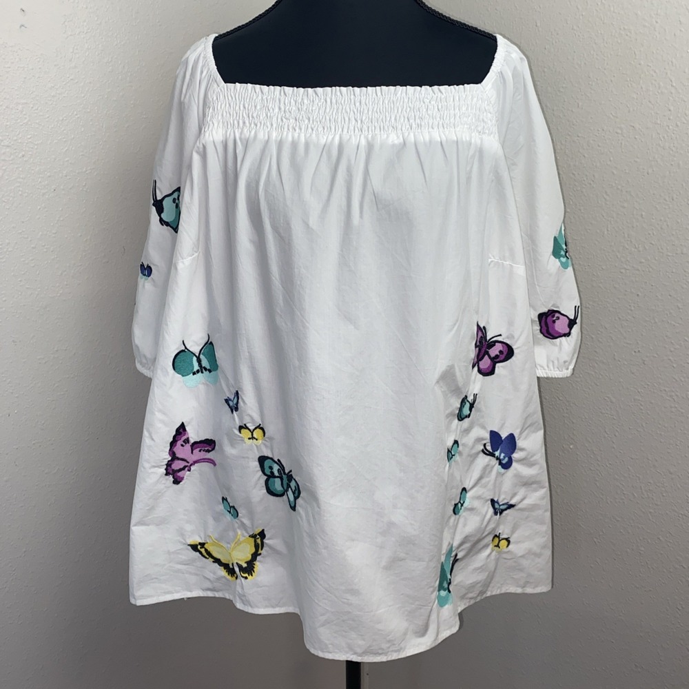 Talbots Blouse Women's 2X‎ White Embroidered Butterflies Square Neck Puff Sleeve